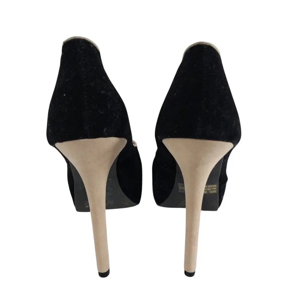 QUPID! BLACK VELVETEEN & TAN VEGAN SUEDE STILETTO PLATFORM HEELS, PUMPS! SZ 8.5M